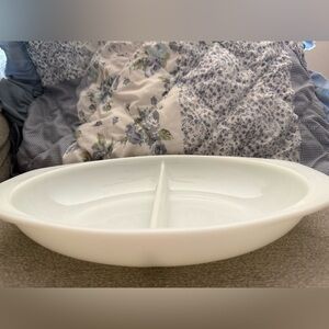 Vintage Pyrex Milk Glass Divided Serving Dish with Integrated Handles